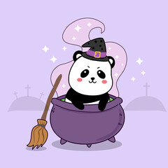 cute panda witch in magical pot cartoon hand drawn for Halloween.