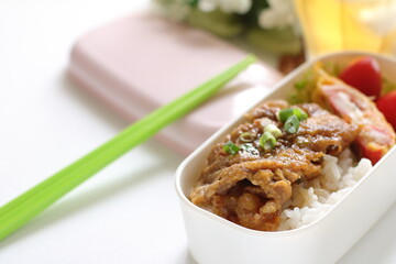 Ginger pork and kamaboko fried egg on rice bento for comfort food