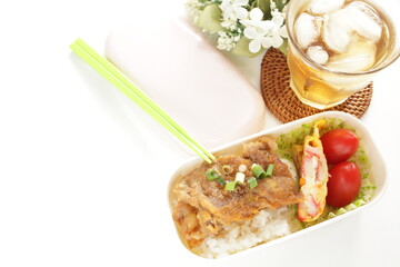 Ginger pork and kamaboko fried egg on rice bento for comfort food