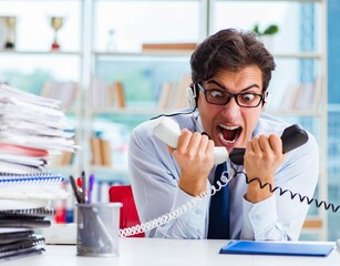 Unhappy angry call center worker frustrated with workload