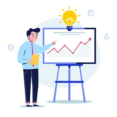 Young businessman presentation screen board explaining charts. Flat design vector illustration