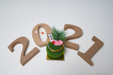 ミニチュアの苔玉と、西暦2021の文字