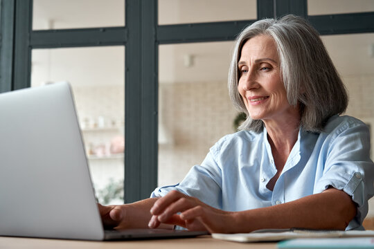 Smiling stylish mature middle aged business woman using laptop computer sitting at workplace desk. Happy senior older lady, 60s grey-haired businesswoman working typing on pc at home or from office.