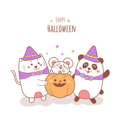 happy Halloween cartoon cute cat rat and panda holding a pumpkin.