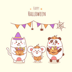 Happy Halloween cartoon cute cat rat and panda holding a pumpkin. party
