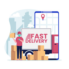 Delivery man with medical mask on his face holding package with fast delivery truck. Flat design vector illustration