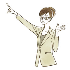 人差し指をさしているスーツ姿の女性