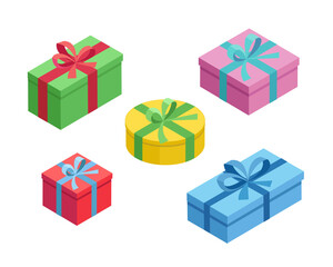 Colorful isometric gift boxes set. Vector illustration of cute present boxes on white background. Flat design style.