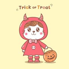 cute cat in devil costume cartoon hand draw for Halloween day.