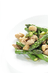 chinese food, green asparagus and chicken stir fried