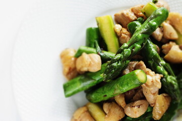 chinese food, green asparagus and chicken stir fried