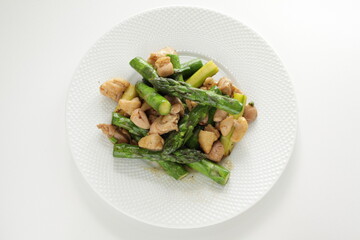 chinese food, green asparagus and chicken stir fried