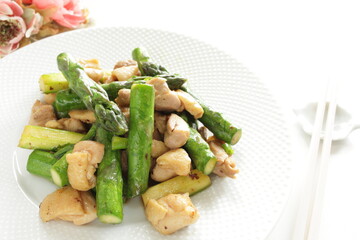 chinese food, green asparagus and chicken stir fried