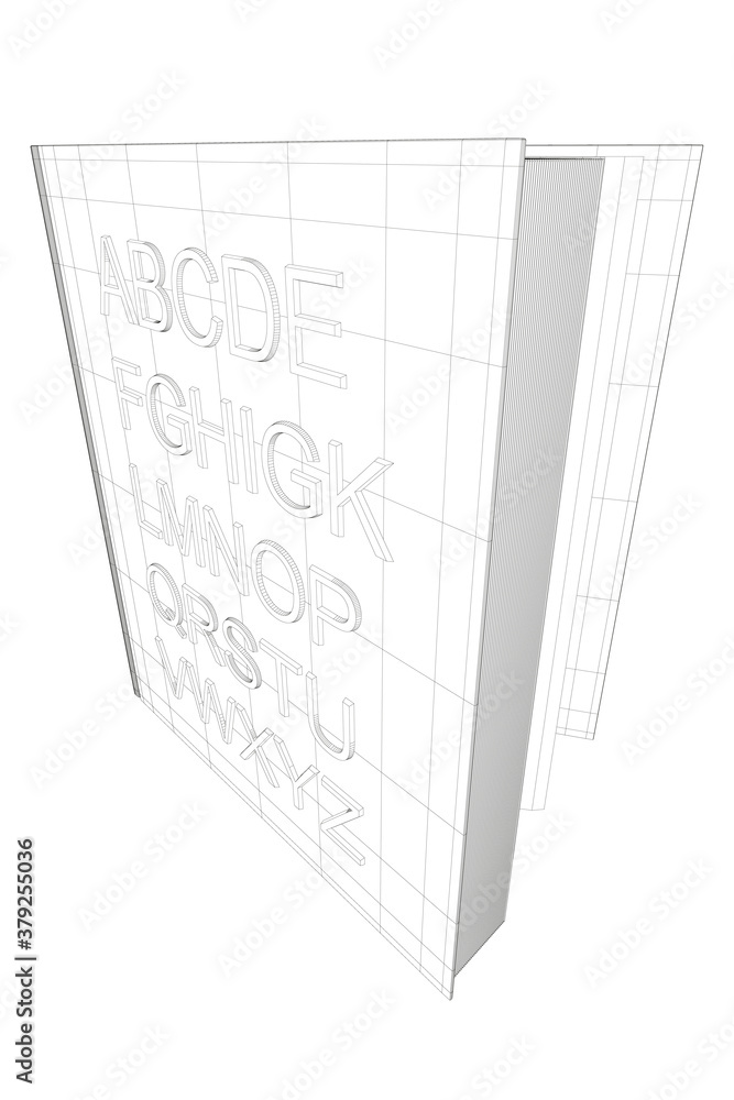 Poster wireframe english alphabet from black lines isolated on white background. the open book stands on it
