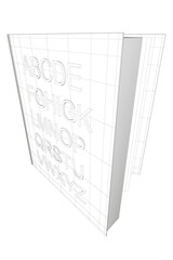 Wireframe English alphabet from black lines isolated on white background. The open book stands on its edge. 3D. Vector illustration