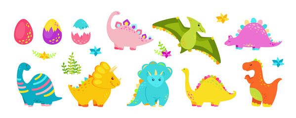 Naklejka premium Dinosaur flat set. Reptile cartoon collection, predators and herbivores dino. Funny colorful dinosaurs. Kids design for fabric or textile. Vector illustration isolated on white background