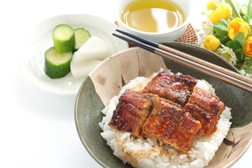 Japanese food, grilled uragi eel fish on rice and  green tea rice