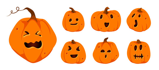Set of Halloween pumpkins paper cut icons. Different shapes squash with carved cute faces emotion. Sign creepy funny cute cutting pumpkin smile. Decor for horror party invitation. Vector illustration