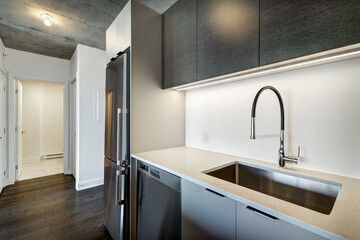 Real estate photography - Beautiful empty brand new apartment in an apartment building with bathroom, new kitchen, new floors, all white painted