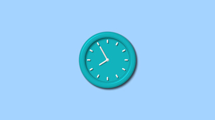 New cyan color 12 hours 3d wall clock isolated on aqua light background