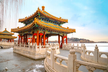 Naklejka premium The Five-Dragon Pavilions at the north west of Beihai Park in Beijing, China