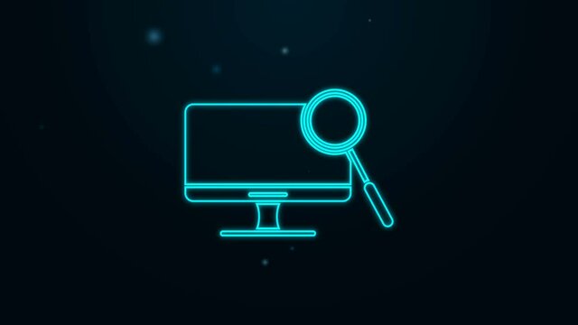 Glowing neon line Computer monitor diagnostics icon isolated on black background. Adjusting app, service, setting options, maintenance, repair. 4K Video motion graphic animation