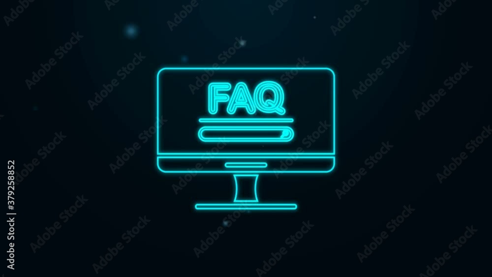 Poster glowing neon line computer monitor with text faq information icon isolated on black background. freq