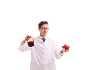 Doctor in blood donation concept isolated on white