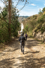 group of sportsmen doing a hike on a dirt road among the mountains with summer sun