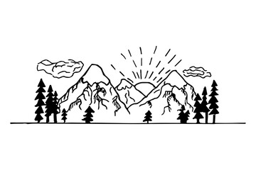 Hand drawn lineart contour mountain landscape, nature scenery. White and black design. Modern composition, travel concept.