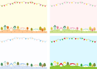 四季の街並み、自然の風景のイラストセット