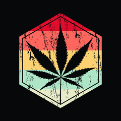 Colorful vector illustration of marijuana leaf on striped background.