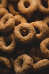 Macro photo of Healty whole grain ring  cereal, macro close up. selective focus