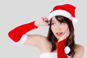 Beautiful portrait young asian woman Santa costume wear hat surprise and excited in holiday xmas, beauty model asia girl cheerful and happiness celebrating in Christmas isolated on white background.