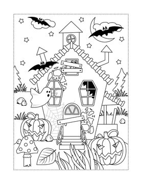 Coloring page with Halloween haunted house, ghosts, pumpkins, bats, spiderweb, toadstool

