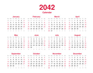 Calendar 2042 - 12 months yearly vector calendar - calendar planner template svg format