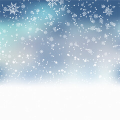 Christmas background with falling snowflakes on blue sky. Vector