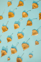A pattern of golden autumn leaves on a blue background, the image of falling leaves and rain