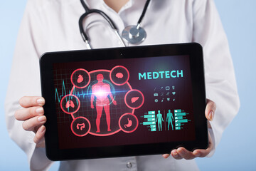 Medtech medical technology information integration internet big data concept on virtual screen.