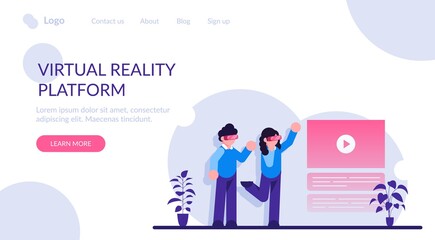 Virtual reality platform. People use VR headset or glasses. Modern technology for entertainment or video viewing. Flat illustration.