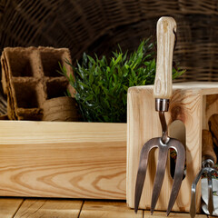 Gardening tools on a wooden table before fall cleanup