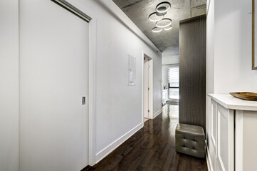 Real estate photography - Beautiful modern apartment in an apartment building with bathroom, kitchen, swimming pool