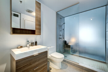 Real estate photography - Beautiful modern apartment in an apartment building with bathroom, kitchen, swimming pool