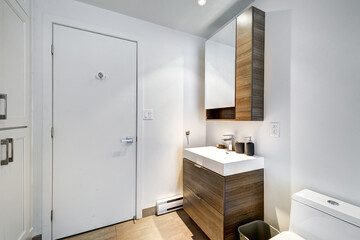 Fototapeta na wymiar Real estate photography - Beautiful modern apartment in an apartment building with bathroom, kitchen, swimming pool