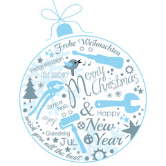 Weihnachtskarte mehrsprachig Christbaumkugel international mit Werkzeug für Handwerker