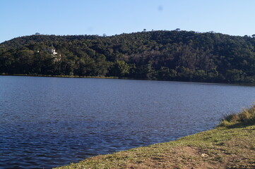 blue lake with a horizon of a forest in the mountains

