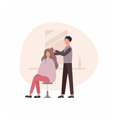 Barber a man does a girl's hair in a Barber shop next to the mirror. Concept of services of a hair salon, beauty salon, beauty Studio. Beauty and hair care, haircut. Vector flat cartoon illustration.