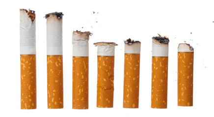 Pile of extinguished cigarette butts isolated on white