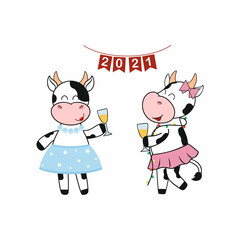 Two funny cow girls celebrate the new year on the background of a sign with flags 2021. Bull drinks champagne. The symbol of new year according to the Chinese horoscope. Vector cartoon illustration.