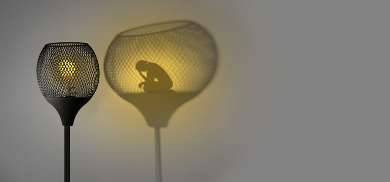 Gaslight with silhouette of woman in shadow cast by the lamp, Gaslighting concept illustration